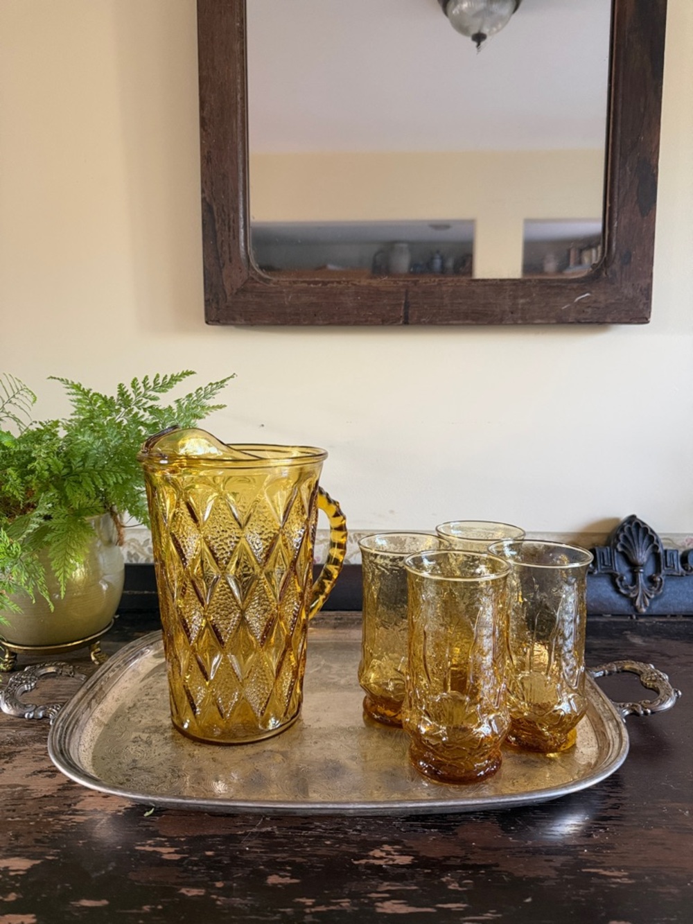 SET: Vintage Amber Textured Hocking Honey Amber Glass Gemstone Pitcher & Glass